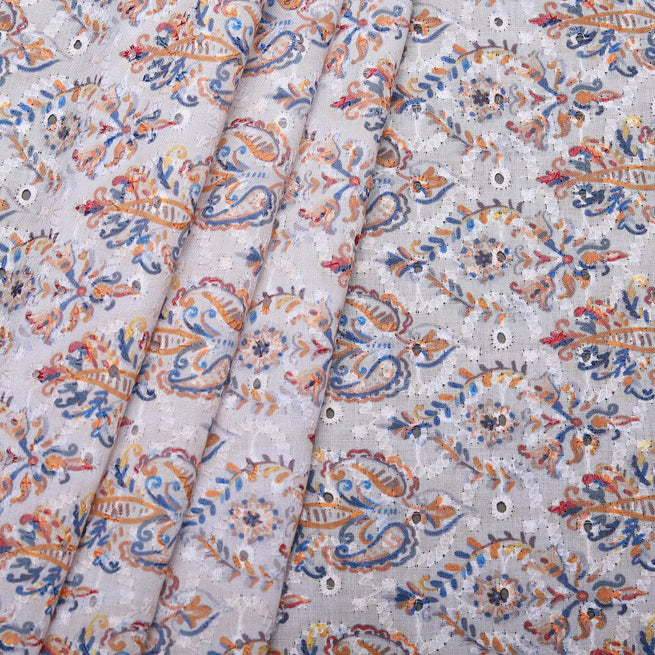 Cream Suzani Printed Embroidered Hakoba Fabric