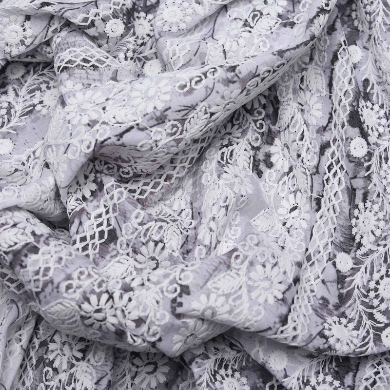 Grey Cosmos Embroidered Hakoba Fabric