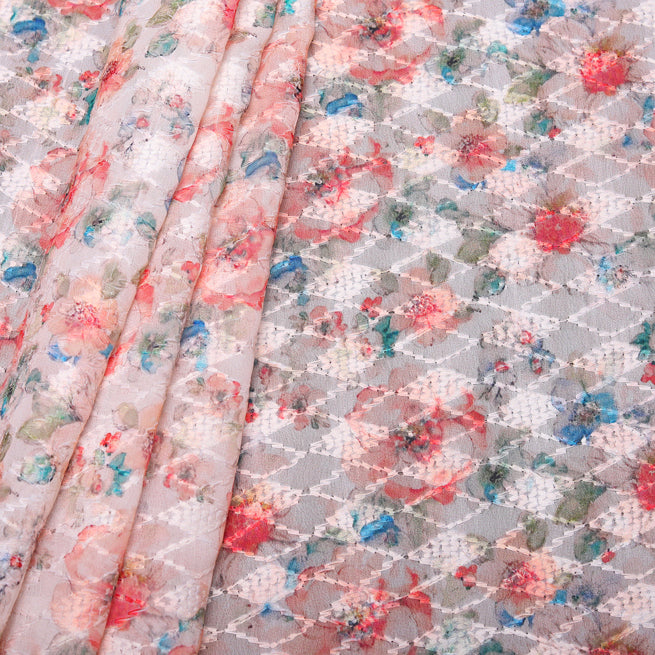 Peach & Cream Flower Printed Embroidered Georgette Hakoba Fabric