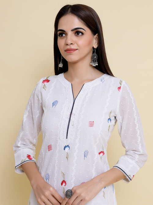 Pure cotton Hakoba fabric off white short kurti with a mirror work  neckline, paired with matching