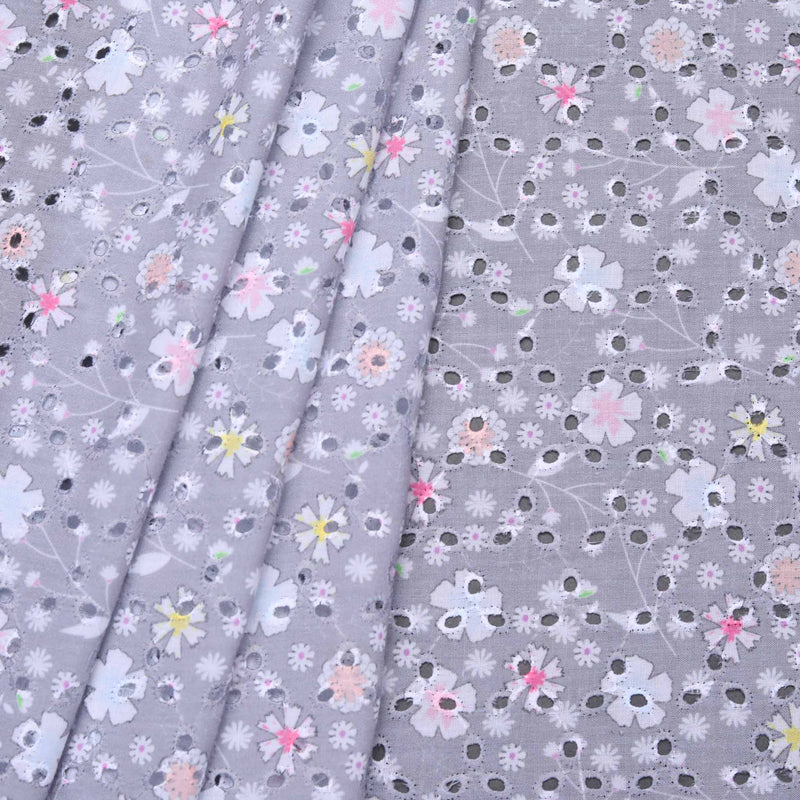 Grey Dot Tiny Floral Print Hakoba Fabric