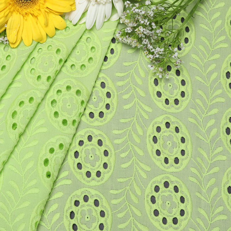 Green Leaves Embroidered Premium Cotton Fabric