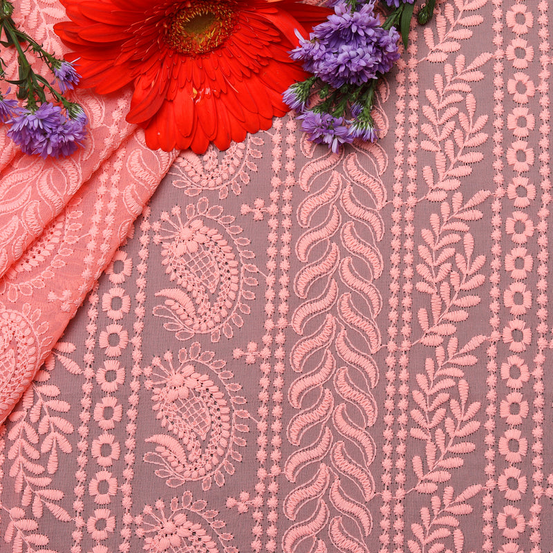 Hakoba Peach Georgette Embroidered Fabric