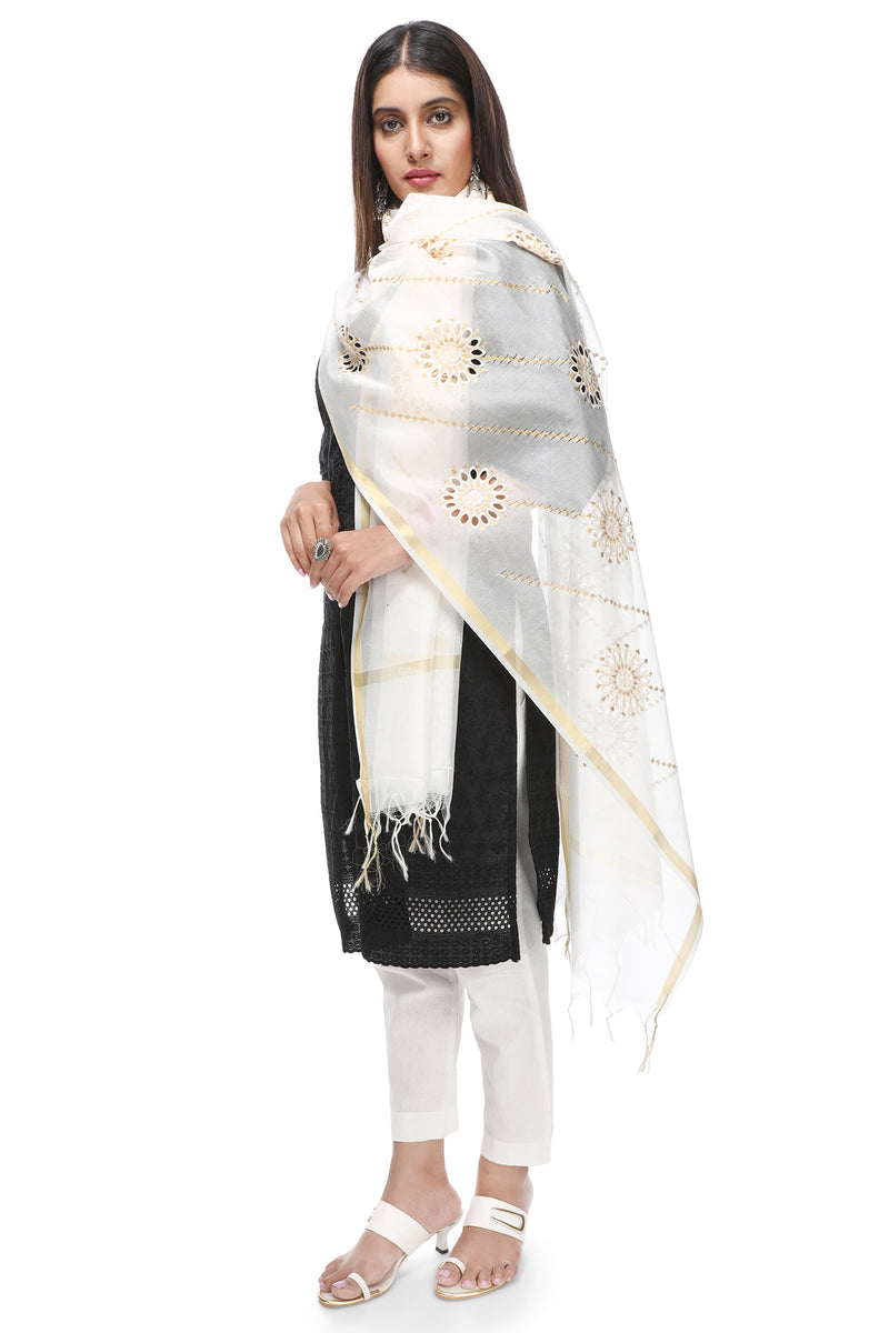 OFF WHITE FLOWER DROPLET EMBROIDERED DUPATTA