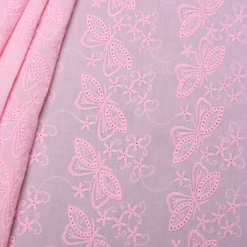 Pink Butterfly Embroidered Premium Cotton Fabric