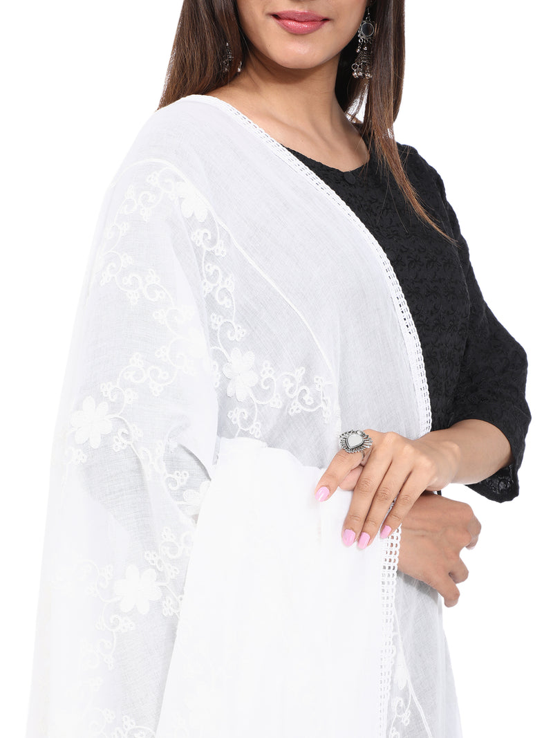 WHITE FLORAL CRISSCROSS EMBROIDERED DUPATTA