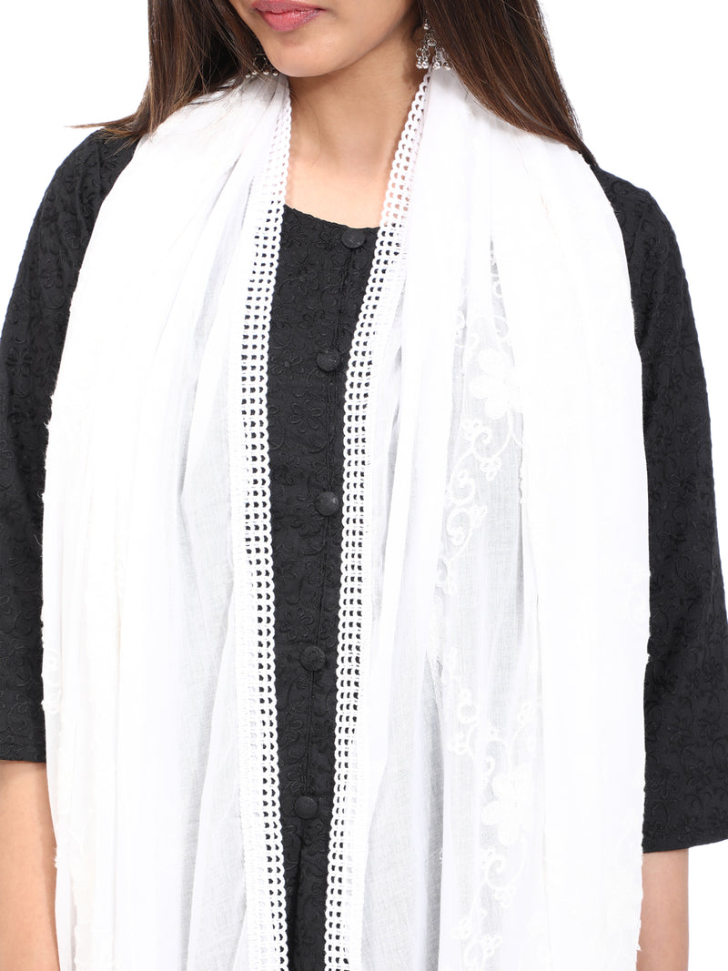 WHITE FLORAL CRISSCROSS EMBROIDERED DUPATTA