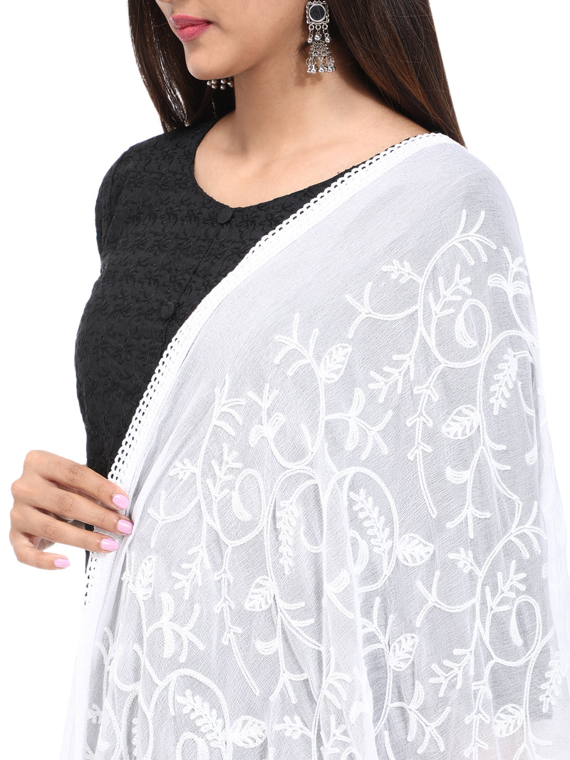 WHITE FLORAL JAAL EMBROIDERED DUPATTA