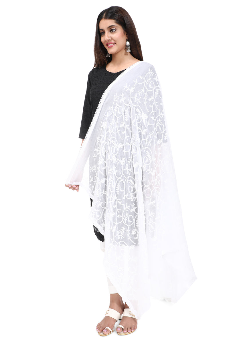 WHITE FLORAL JAAL EMBROIDERED DUPATTA
