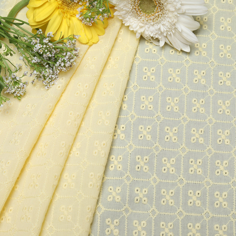 Yellow Stud Embroidered Premium Cotton Fabric